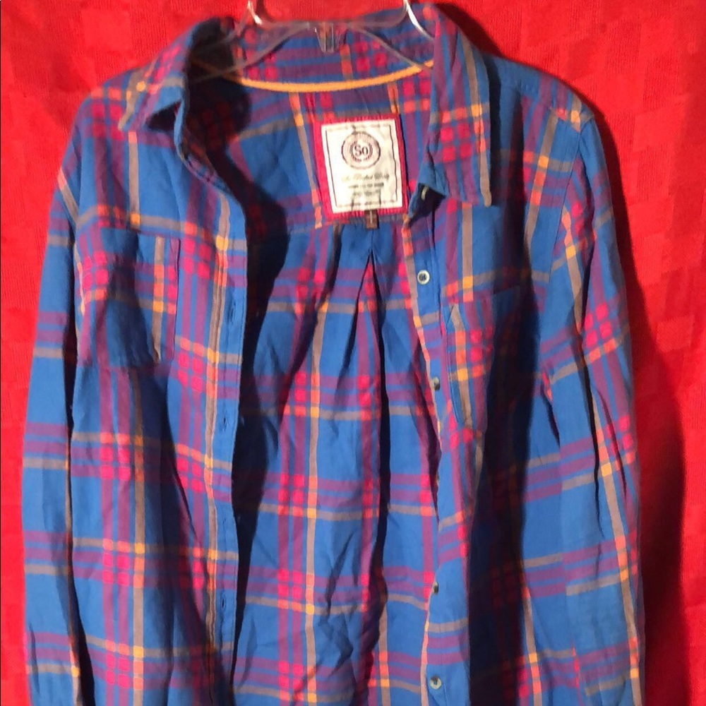 Blue, Pink, and Orange Plaid Flannel Shirt.